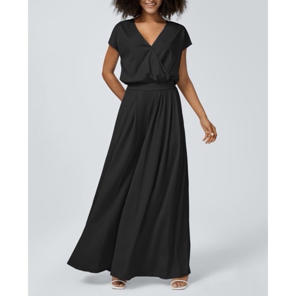 Halara Black Wide Leg Jumpsuit Faux Wrap V-Neck Pleated Short Sleeve Pocket XL - Picture 3 of 9